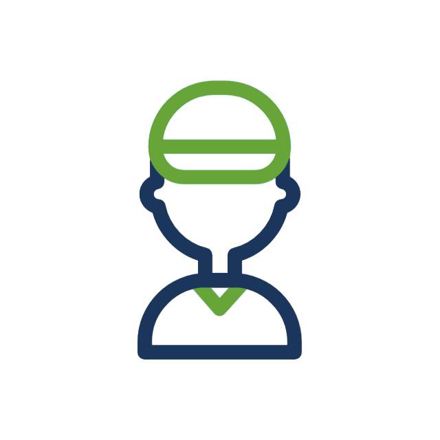 animated line drawing icon of a site manager wearing a cap. In the animation, their head bobs up and down, as does their hat.